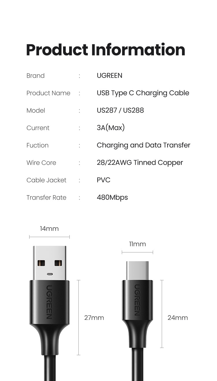 UGREEN USB-A 2.0 to USB-C Cable Nickel Plating 1m